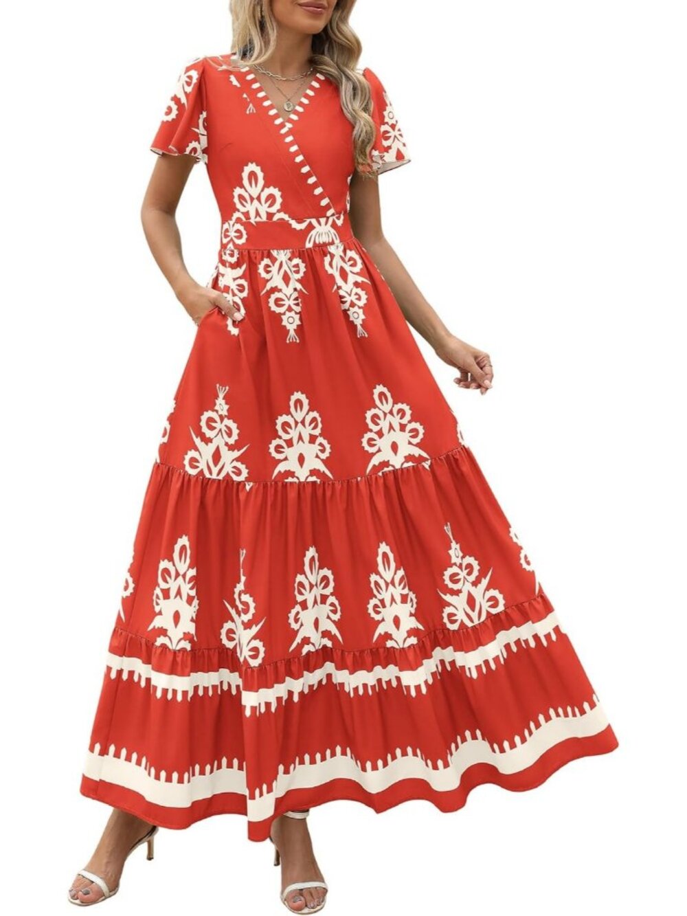 Women's Floral Brick Red  Boho Maxi V Neck Bell Sleeve Flowy Dress W/Pockets